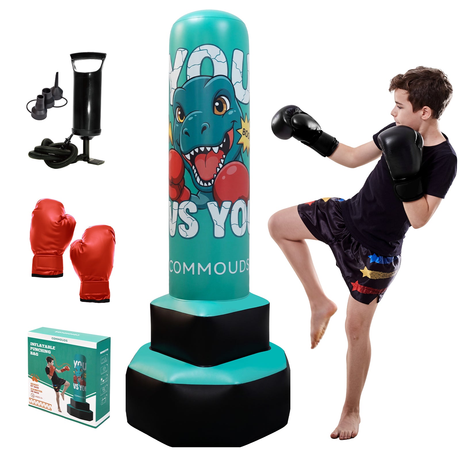 COMMOUDS 67inch Punching Bag for Kids, Inflatable Kids Boxing Set with Gloves, Fast Rebound Punching Bag for Practicing Karate, Taekwondo, MMA, Christmas/Birthday Gift for Boys Girls, Ages 6-14