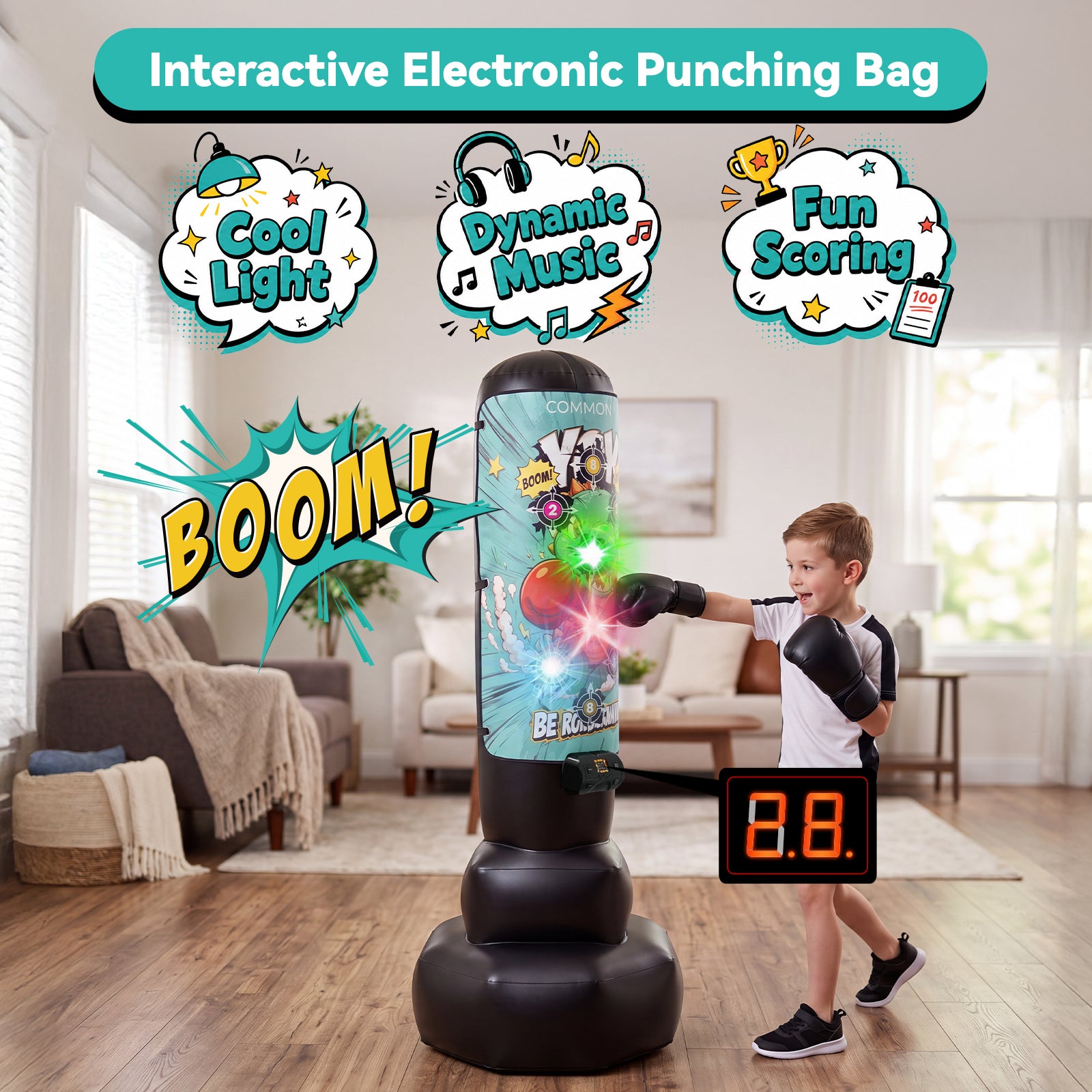 COMMOUDS 67" Kids Punching Bag with Digital Scoring, Inflatable Boxing Set Ages 6-14