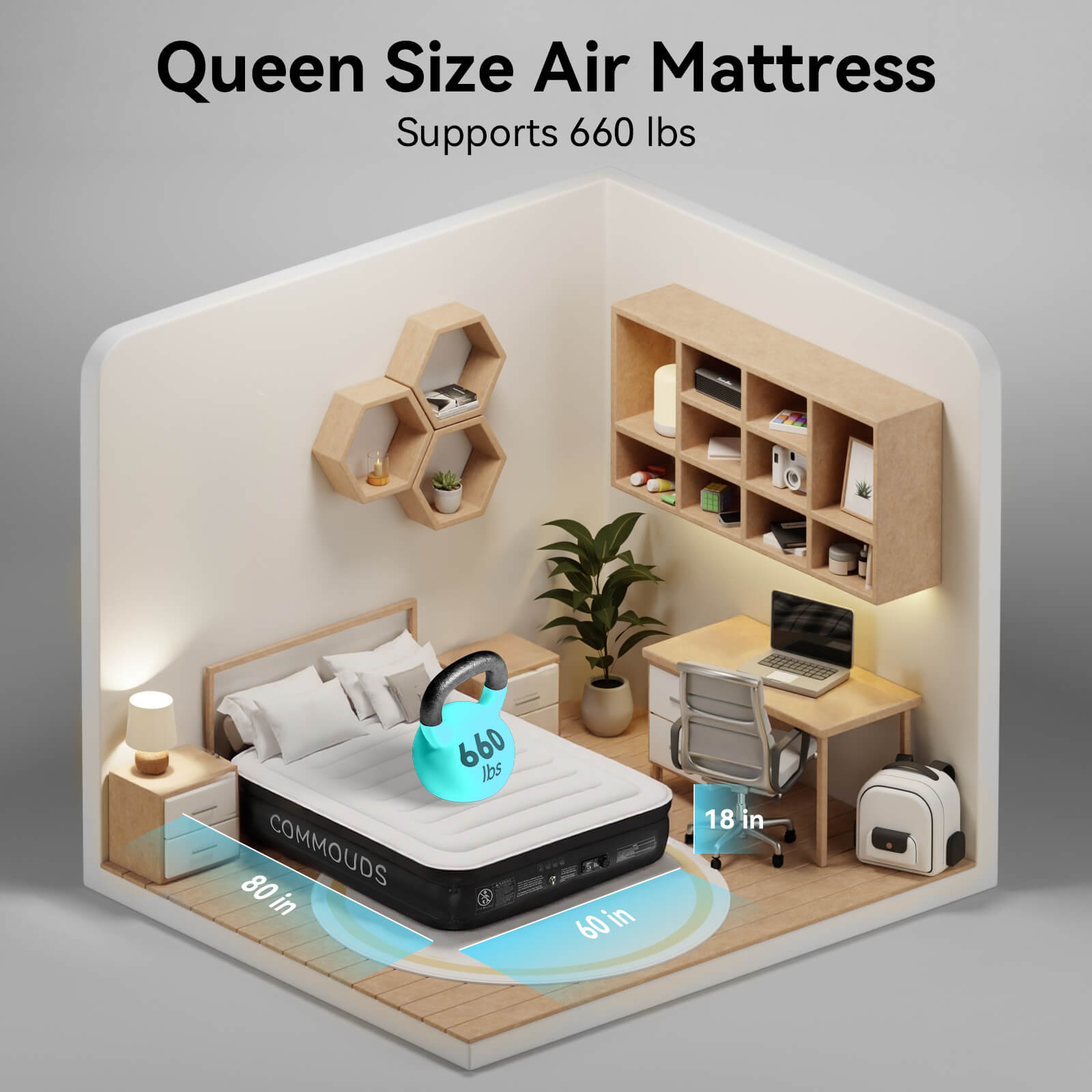 COMMOUDS Air Mattress with Built-in Pump, 18" Raised Blow up Mattress, Comfort Inflatable Mattress with Waterproof Flocked Top, Portable Airbed for Guests, Camping, Home & Travel Use, 660lbs Max