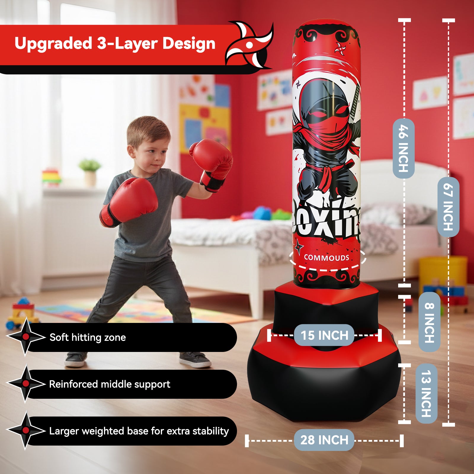 COMMOUDS 67inch Punching Bag for Kids, Inflatable Kids Boxing Set with Gloves, Fast Rebound Punching Bag for Practicing Karate, Taekwondo, MMA, Christmas/Birthday Gift for Boys Girls, Ages 6-14