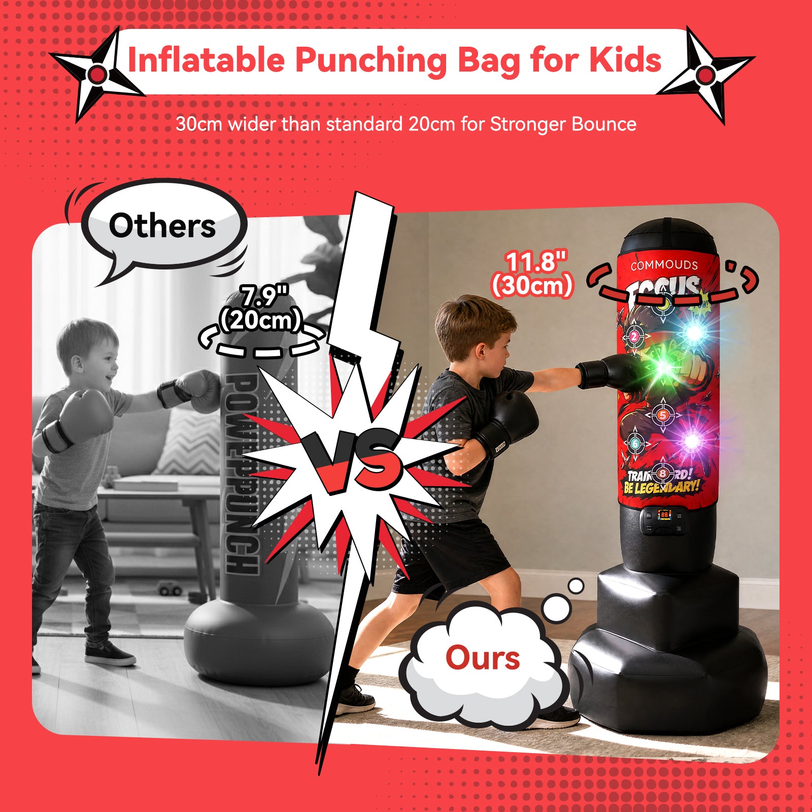 COMMOUDS 67" Kids Punching Bag with Digital Scoring, Inflatable Boxing Set Ages 6-14