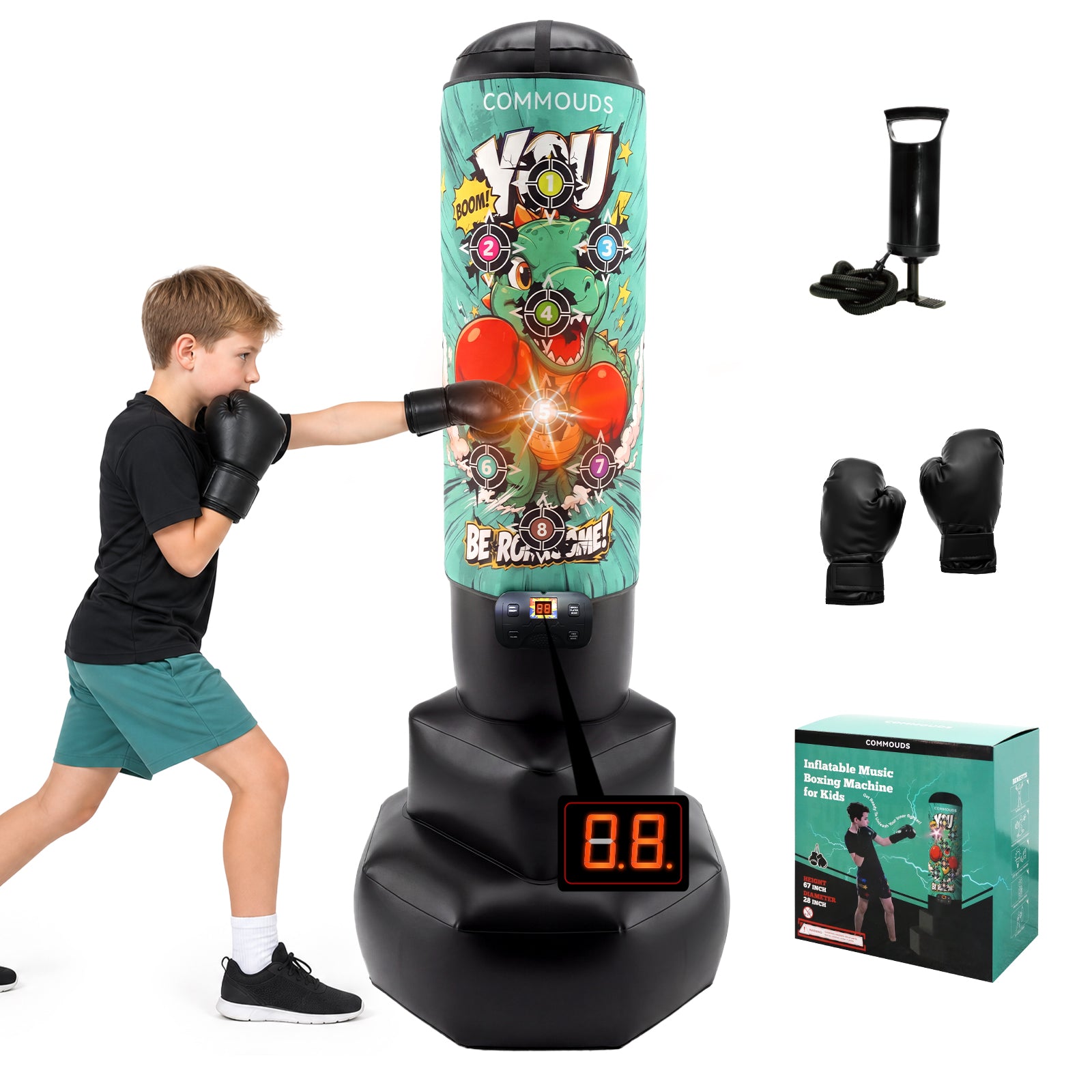 COMMOUDS 67" Kids Punching Bag with Digital Scoring, Inflatable Boxing Set Ages 6-14