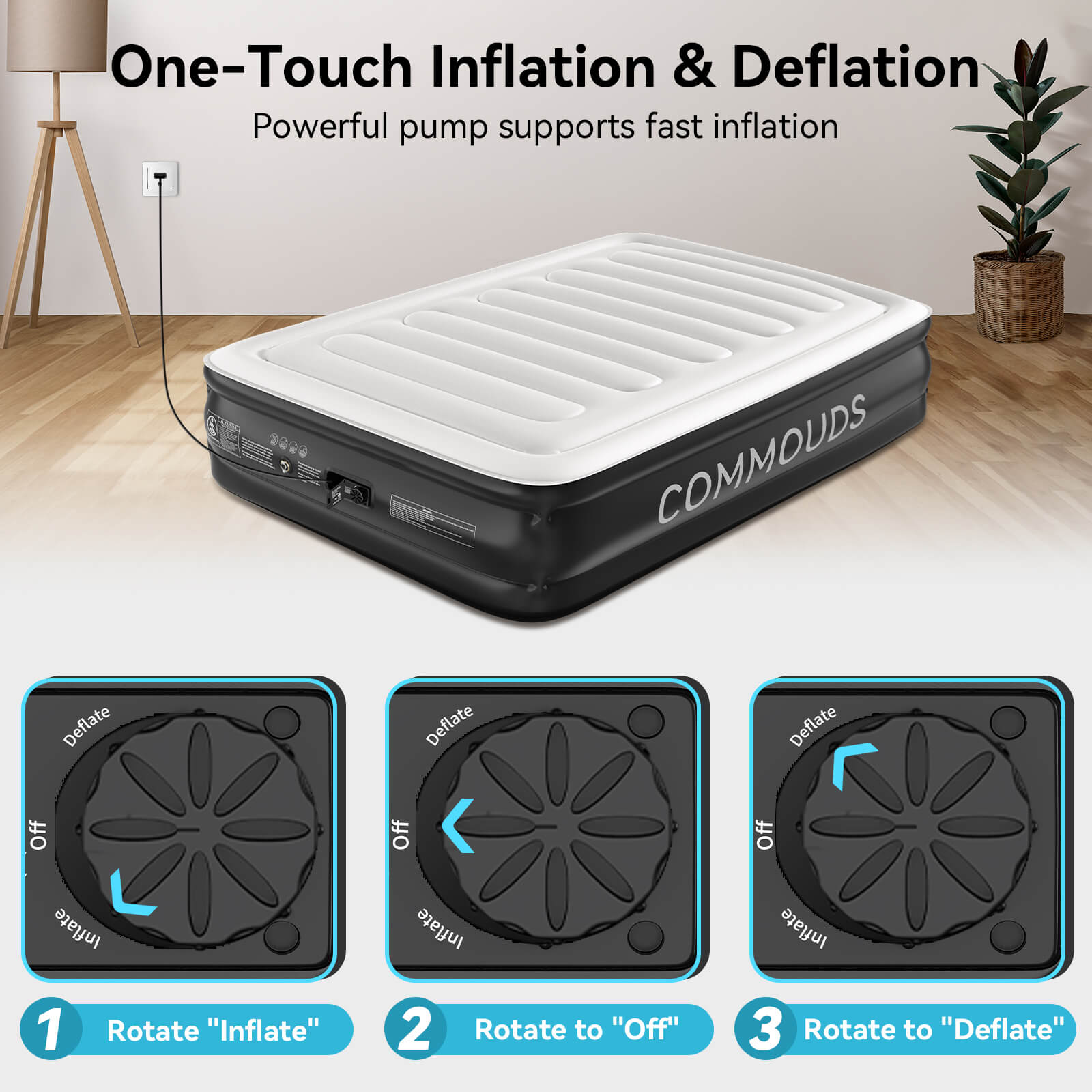 COMMOUDS Air Mattress with Built-in Pump, 18" Raised Blow up Mattress, Comfort Inflatable Mattress with Waterproof Flocked Top, Portable Airbed for Guests, Camping, Home & Travel Use, 660lbs Max