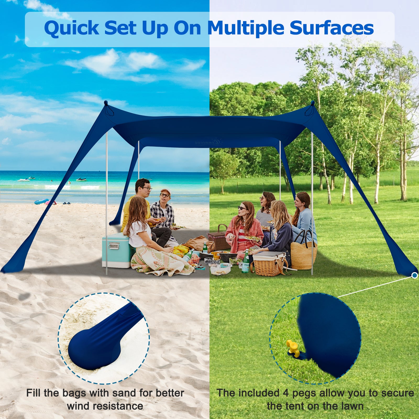  Upgraded - Patented Design Beach Tent 10.5' x 11.5' Fits 4-6  Adults, Sun Shelter Rainbow Suncover, Outdoor Shade for Camping, Backyard,  Picnics - Sand, Grass All Suitable : Sports & Outdoors