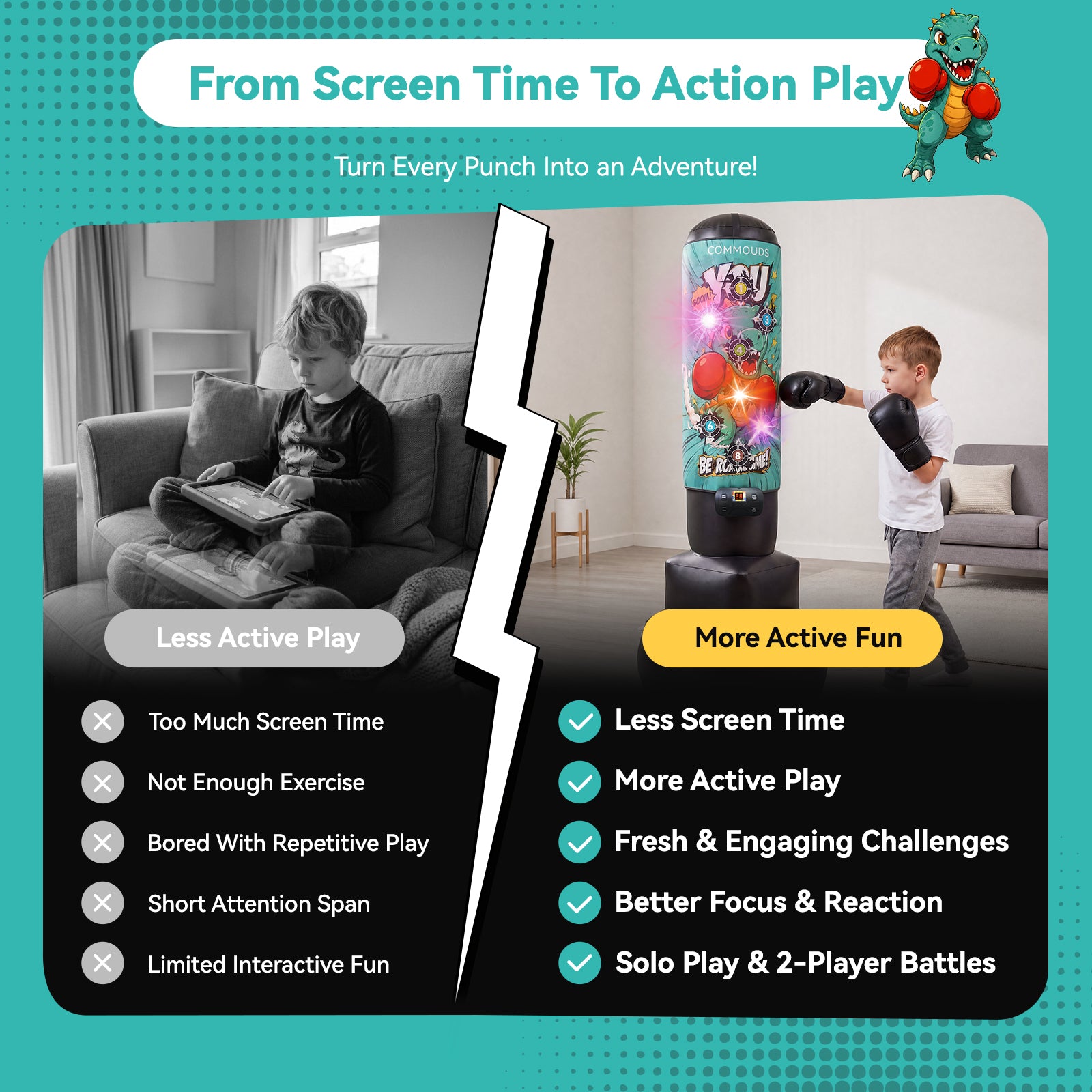 COMMOUDS 67" Kids Punching Bag with Digital Scoring, Inflatable Boxing Set Ages 6-14