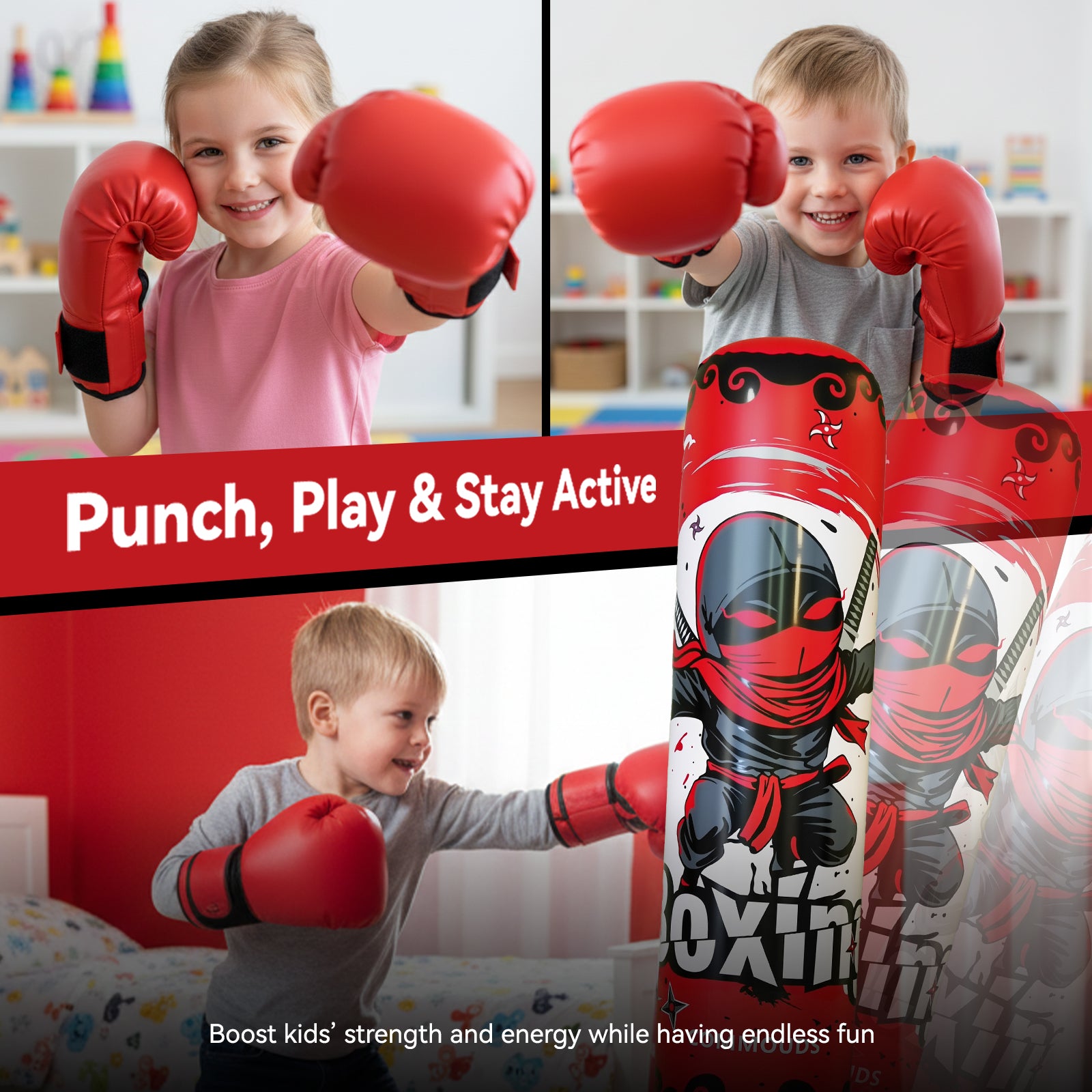 COMMOUDS 67inch Punching Bag for Kids, Inflatable Kids Boxing Set with Gloves, Fast Rebound Punching Bag for Practicing Karate, Taekwondo, MMA, Christmas/Birthday Gift for Boys Girls, Ages 6-14
