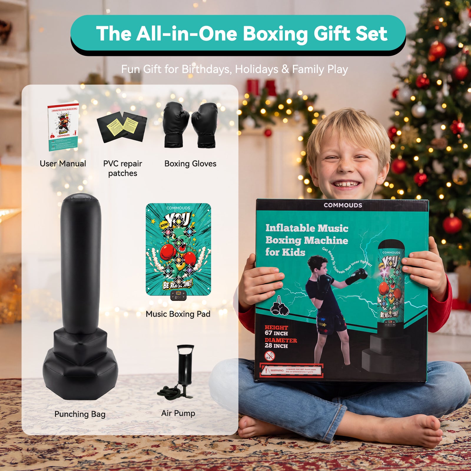 COMMOUDS 67" Kids Punching Bag with Digital Scoring, Inflatable Boxing Set Ages 6-14