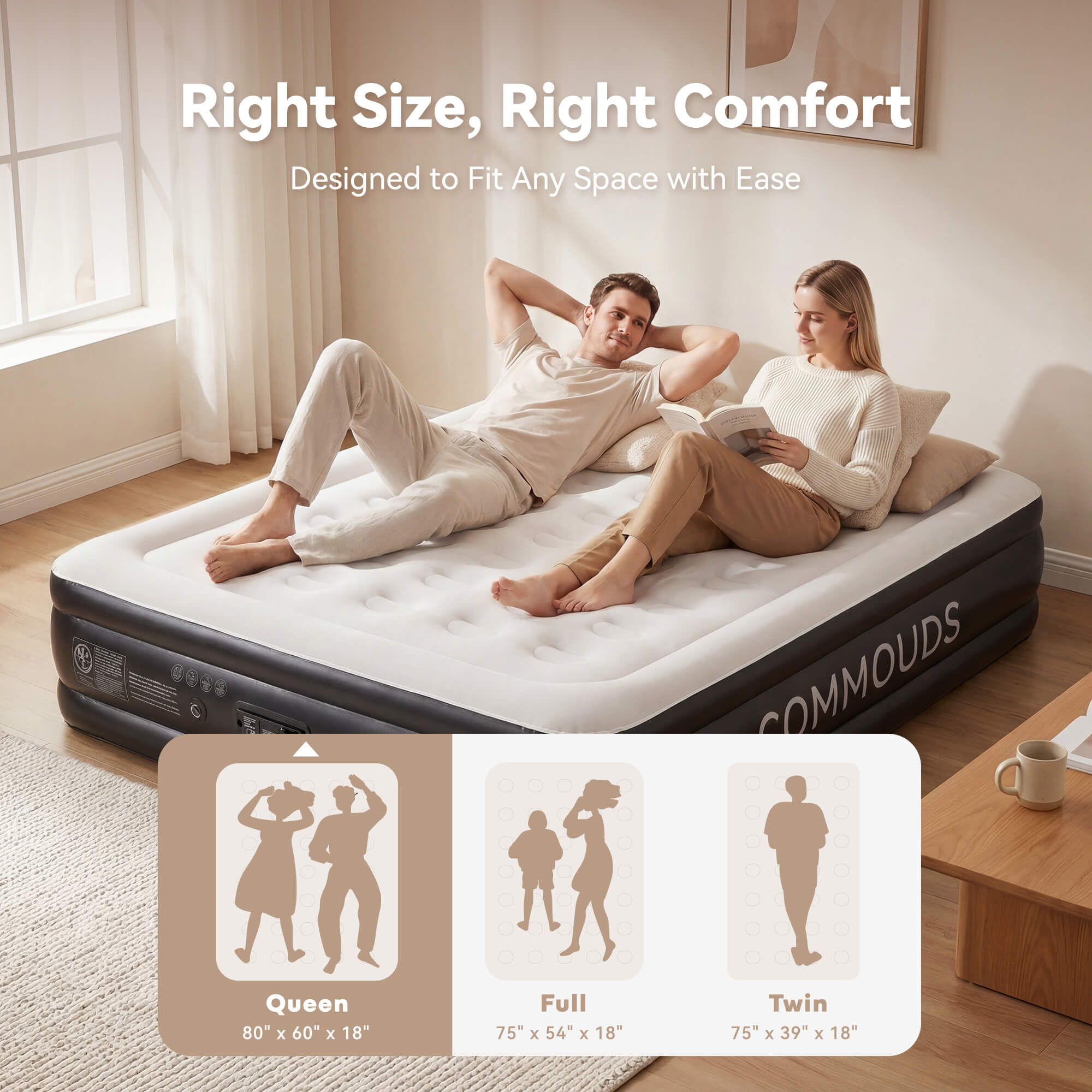 COMMOUDS Air Mattress with Built-in Pump, Raised Inflatable Bed with Waterproof Flocked Top for Guests, Camping & Travel