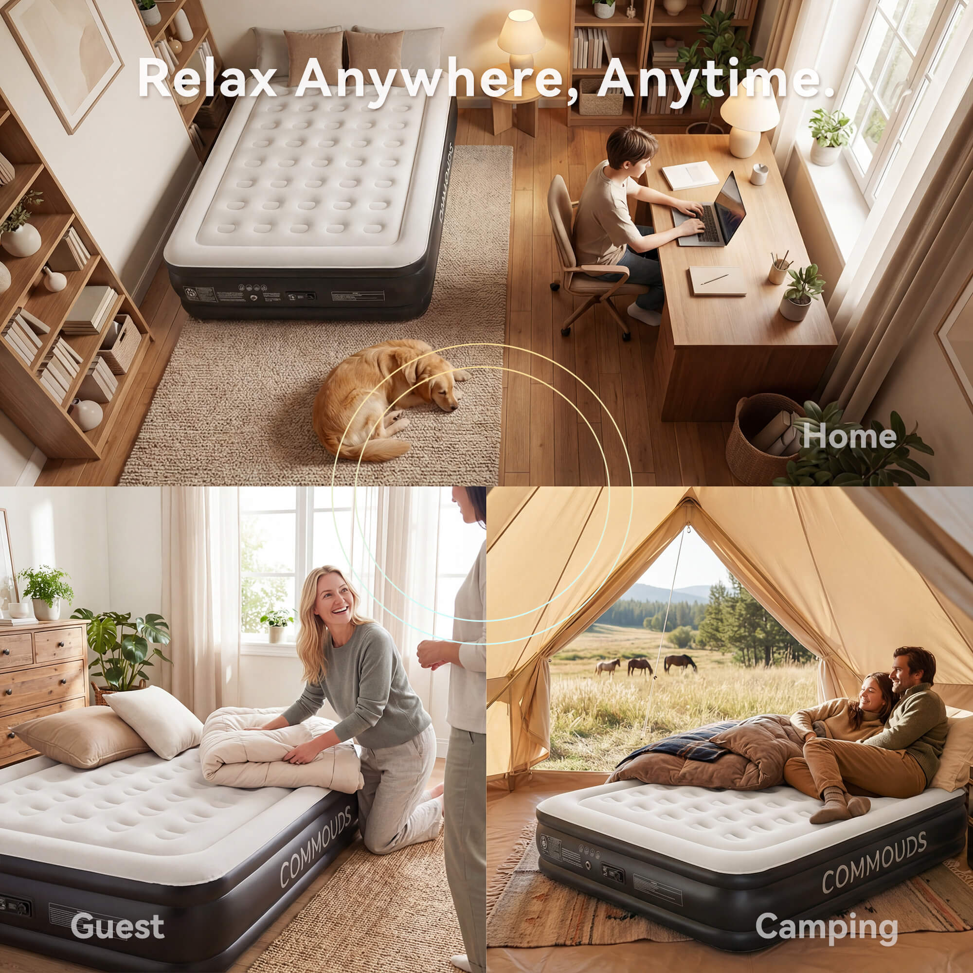 COMMOUDS Air Mattress with Built-in Pump, Raised Inflatable Bed with Waterproof Flocked Top for Guests, Camping & Travel