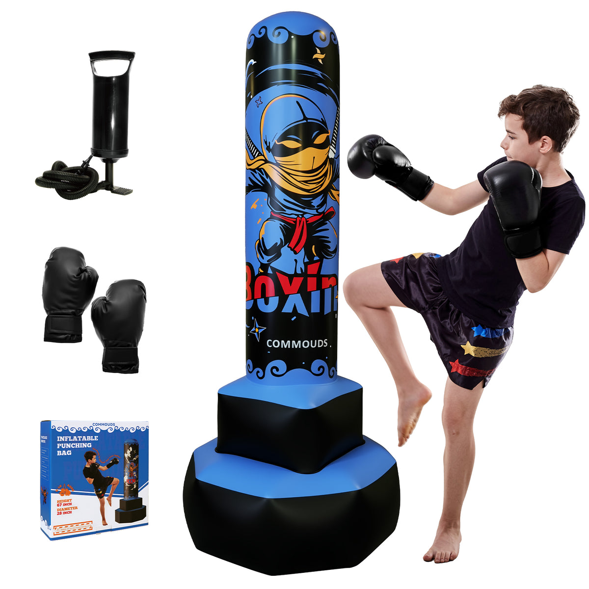 COMMOUDS 67inch Punching Bag for Kids, Inflatable Kids Boxing Set with Gloves, Fast Rebound Punching Bag for Practicing Karate, Taekwondo, MMA, Christmas/Birthday Gift for Boys Girls, Ages 6-14