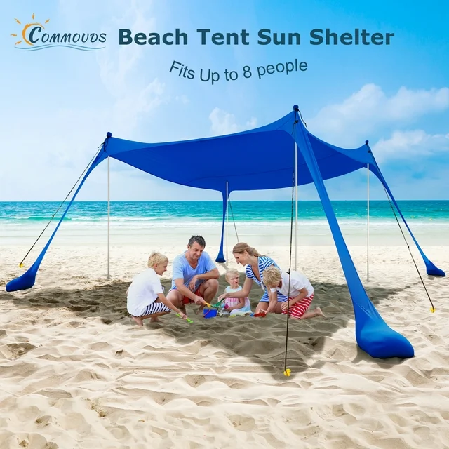 COMMOUDS Beach Tent Canopy with Sandbag 4 Poles UPF50 Portable