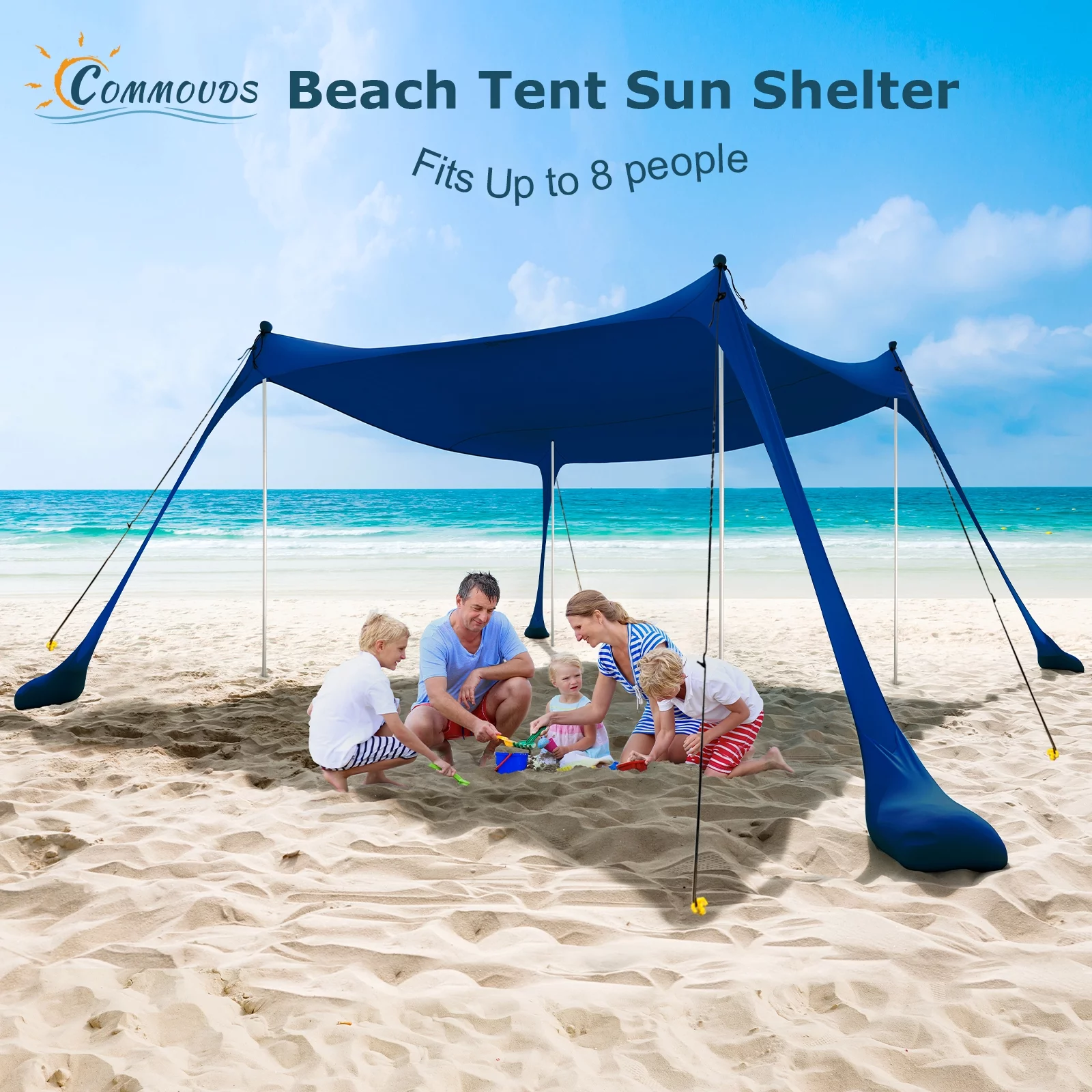 COMMOUDS Beach Tent Canopy with Sandbag 4 Poles UPF50 Portable
