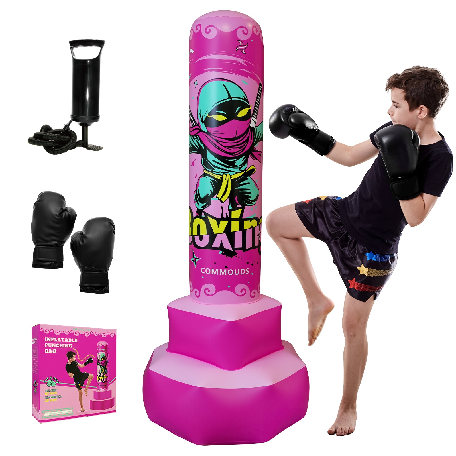 COMMOUDS 67inch Punching Bag for Kids, Inflatable Kids Boxing Set with Gloves, Fast Rebound Punching Bag for Practicing Karate, Taekwondo, MMA, Christmas/Birthday Gift for Boys Girls, Ages 6-14