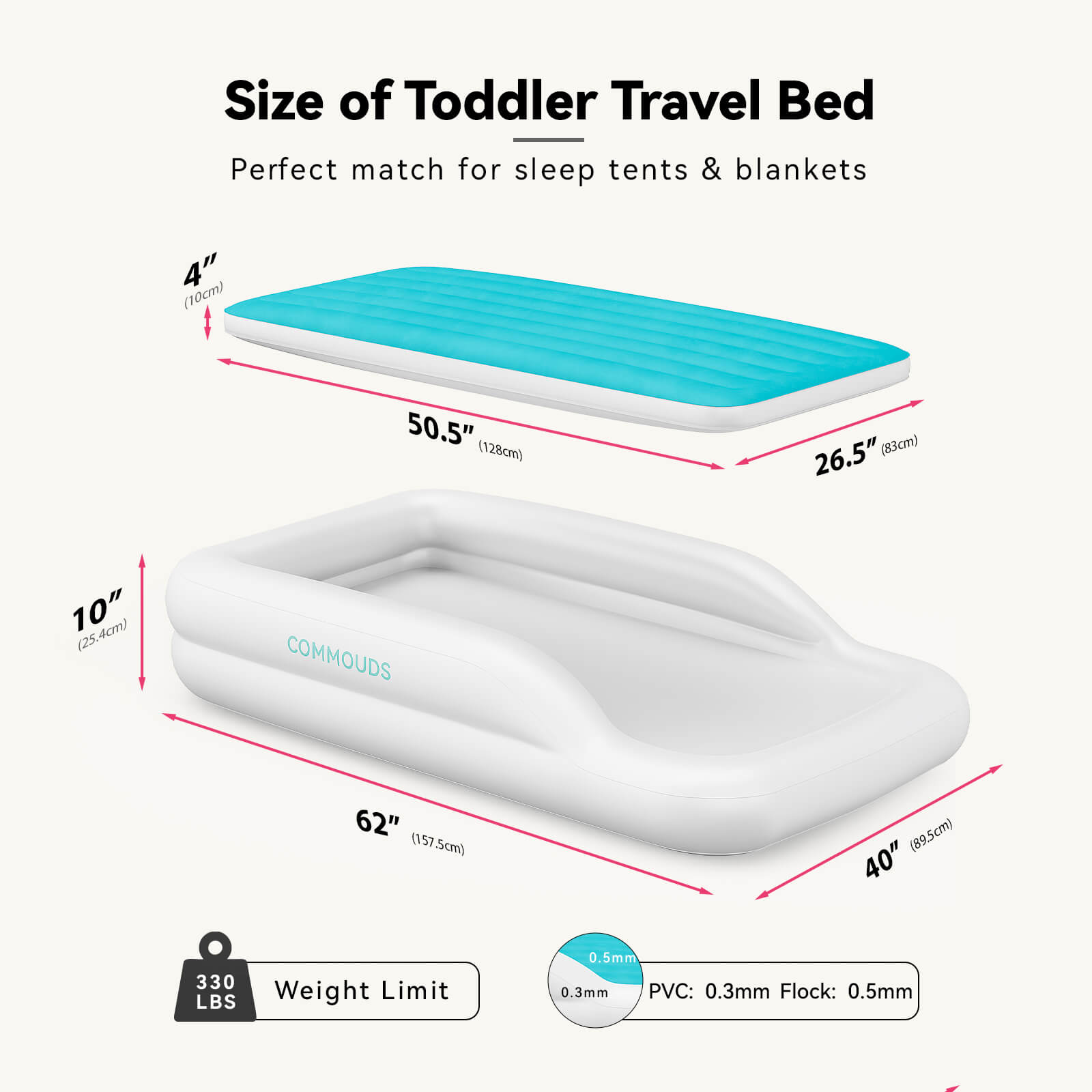 COMMOUDS Portable Toddler Travel Bed with Safety Bumpers, Inflatable Kids Air Mattress with Electric Pump, Baby Blow up Mattress, for Grandma's Home Camping Vacation