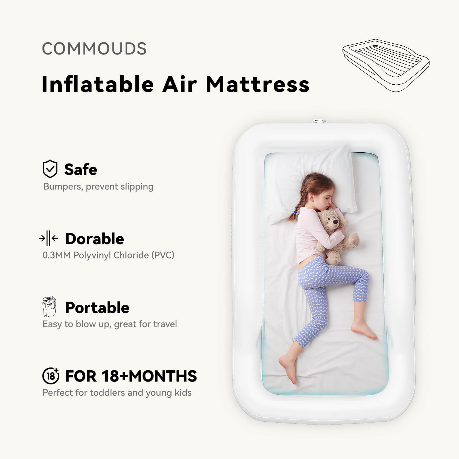 COMMOUDS Portable Toddler Travel Bed with Safety Bumpers, Inflatable Kids Air Mattress with Electric Pump, Baby Blow up Mattress, for Grandma's Home Camping Vacation