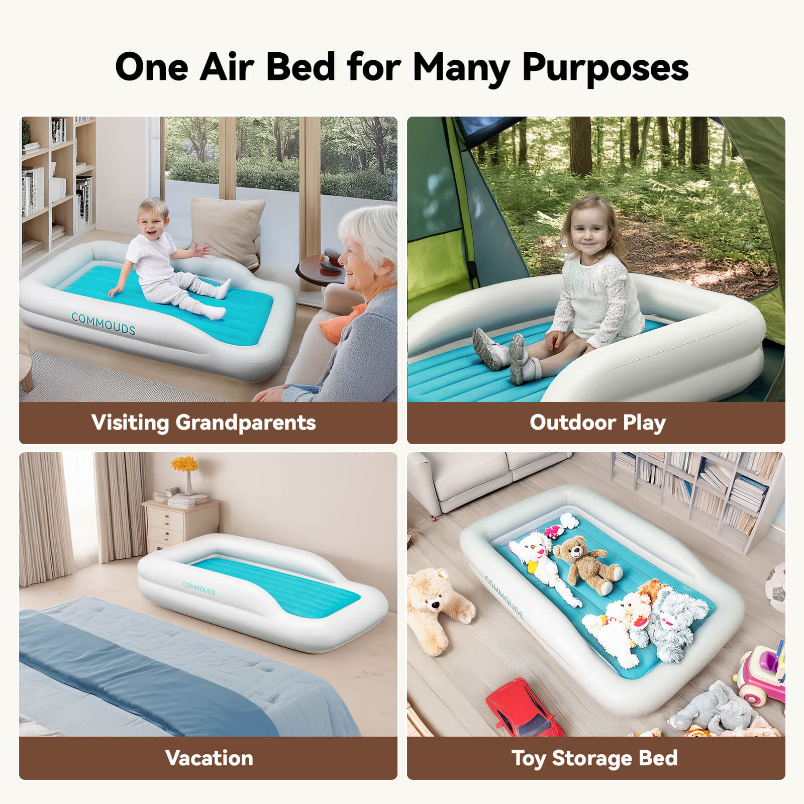 COMMOUDS Portable Toddler Travel Bed with Safety Bumpers, Inflatable Kids Air Mattress with Electric Pump, Baby Blow up Mattress, for Grandma's Home Camping Vacation