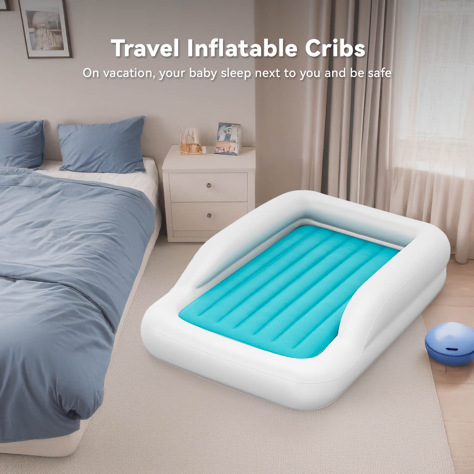 COMMOUDS Portable Toddler Travel Bed with Safety Bumpers, Inflatable Kids Air Mattress with Electric Pump, Baby Blow up Mattress, for Grandma's Home Camping Vacation