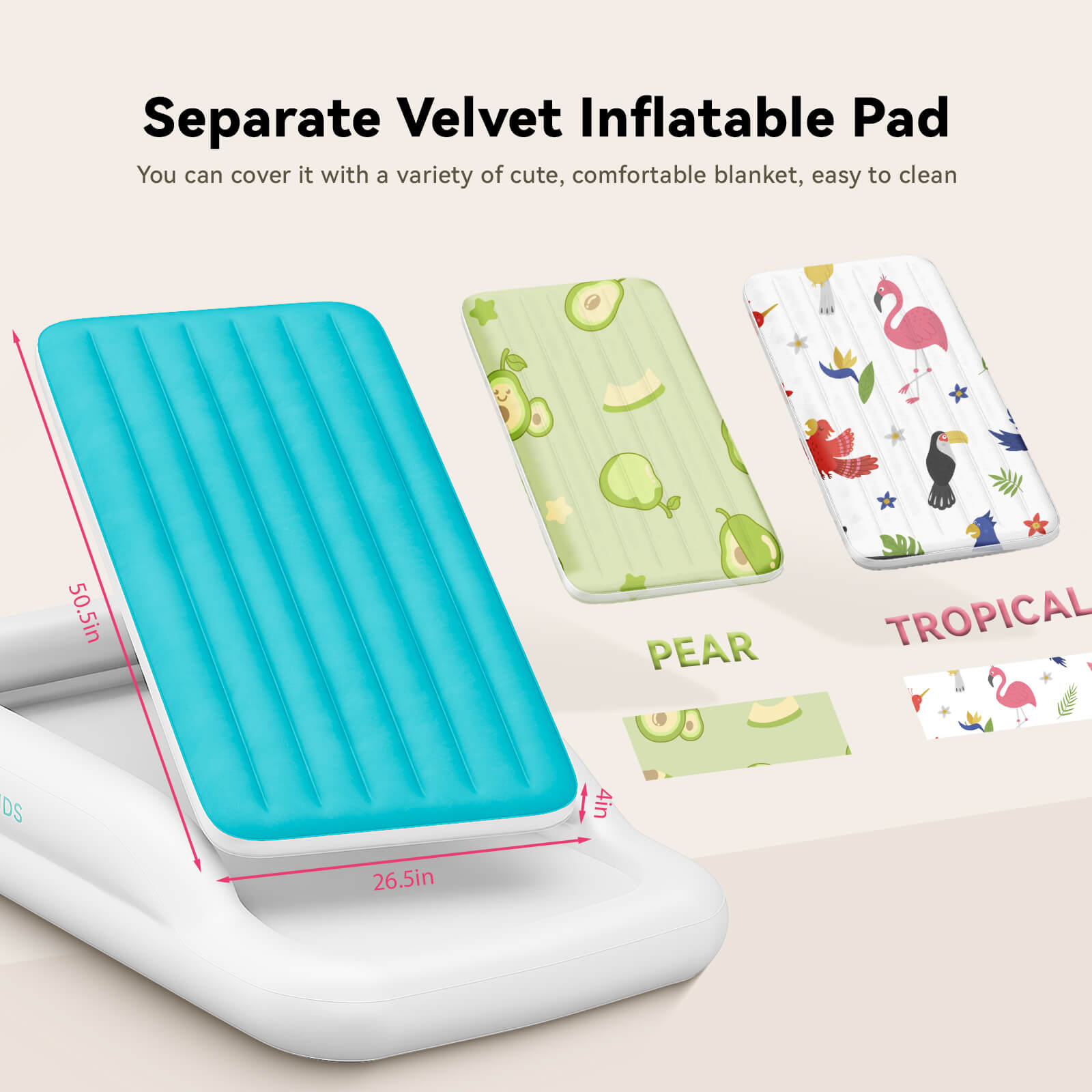COMMOUDS Portable Toddler Travel Bed with Safety Bumpers, Inflatable Kids Air Mattress with Electric Pump, Baby Blow up Mattress, for Grandma's Home Camping Vacation