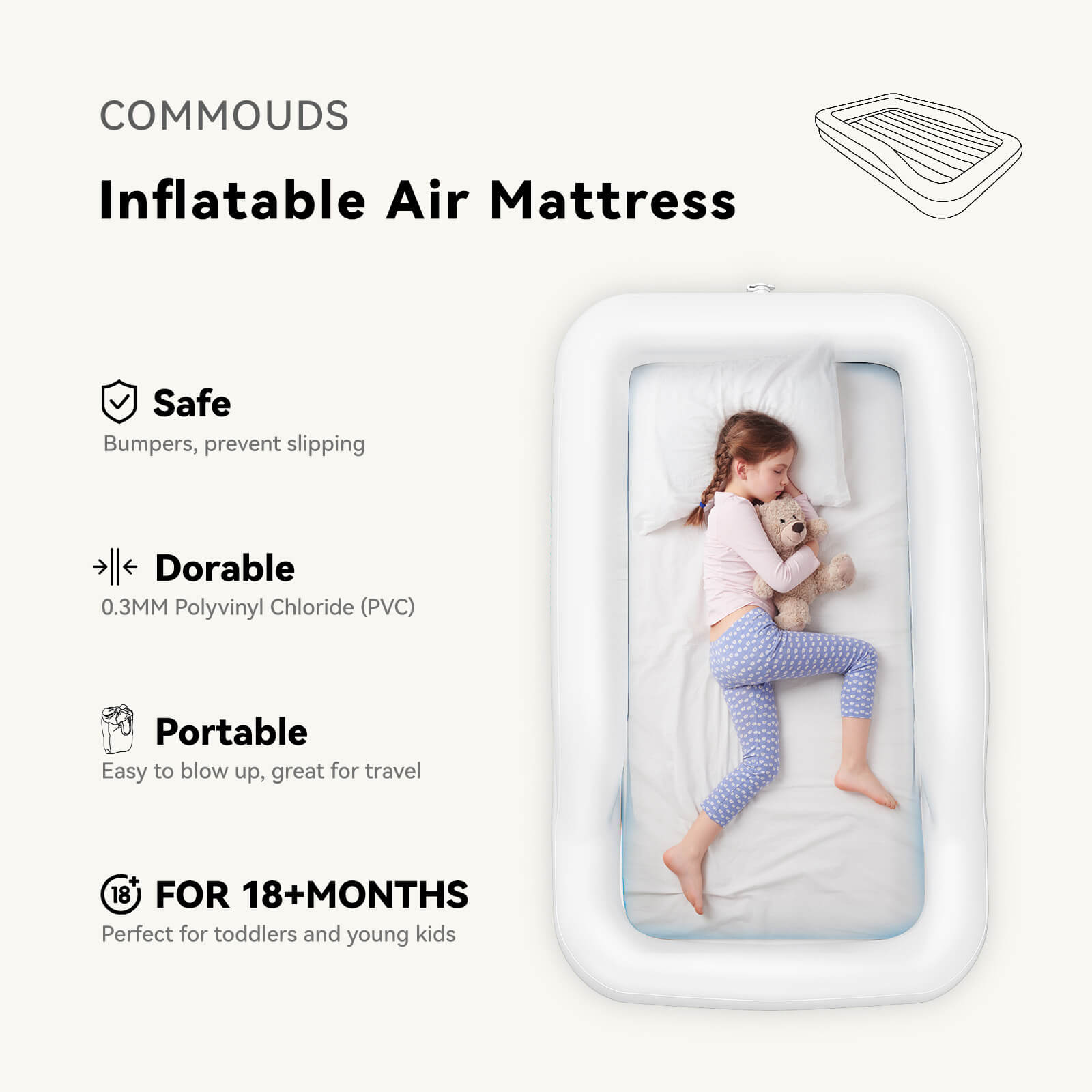 COMMOUDS Portable Toddler Travel Bed with Safety Bumpers, Inflatable Kids Air Mattress with Electric Pump, Baby Blow up Mattress, for Grandma's Home Camping Vacation