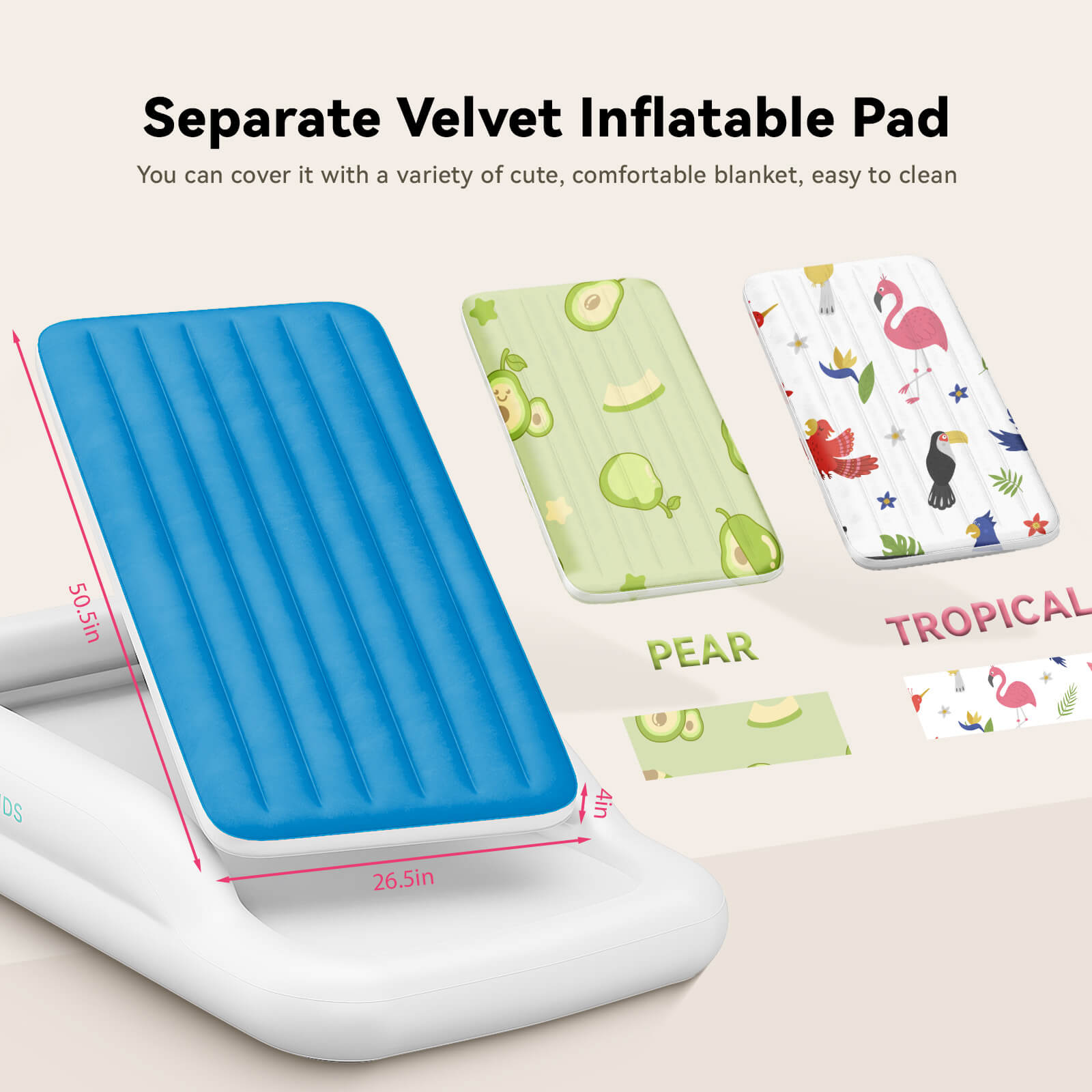 COMMOUDS Portable Toddler Travel Bed with Safety Bumpers, Inflatable Kids Air Mattress with Electric Pump, Baby Blow up Mattress, for Grandma's Home Camping Vacation