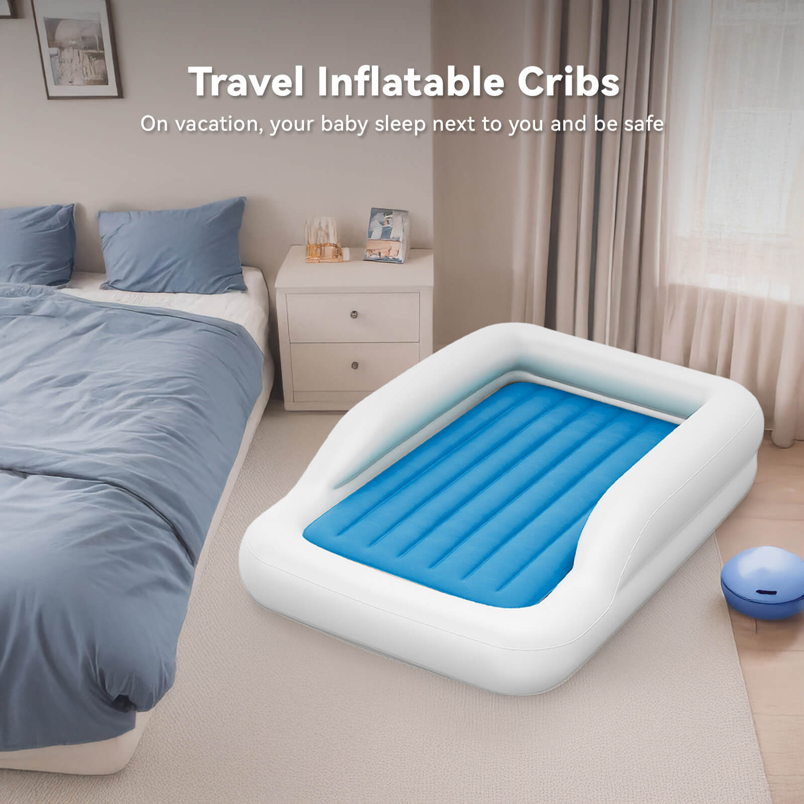 COMMOUDS Portable Toddler Travel Bed with Safety Bumpers, Inflatable Kids Air Mattress with Electric Pump, Baby Blow up Mattress, for Grandma's Home Camping Vacation