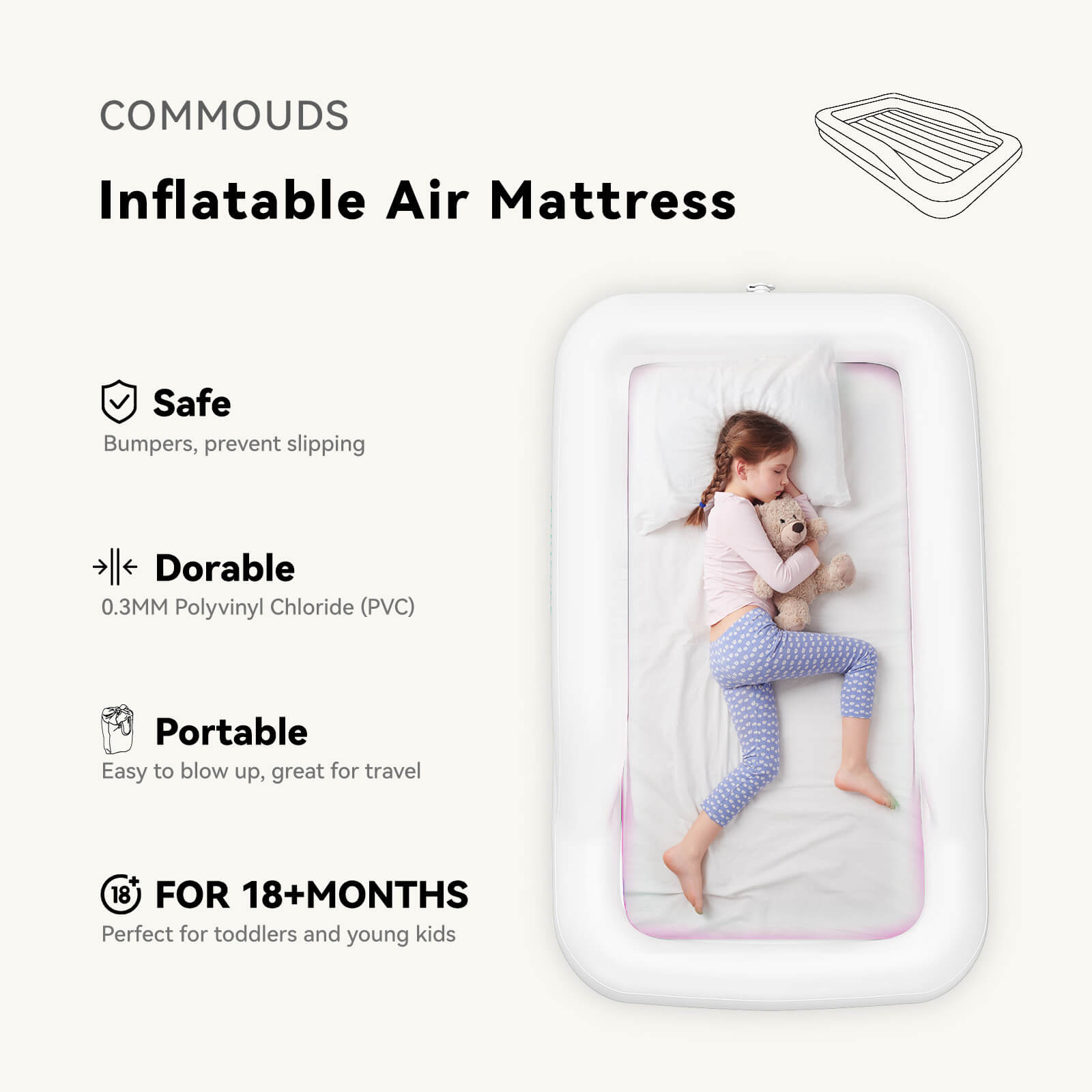 COMMOUDS Portable Toddler Travel Bed with Safety Bumpers, Inflatable Kids Air Mattress with Electric Pump, Baby Blow up Mattress, for Grandma's Home Camping Vacation