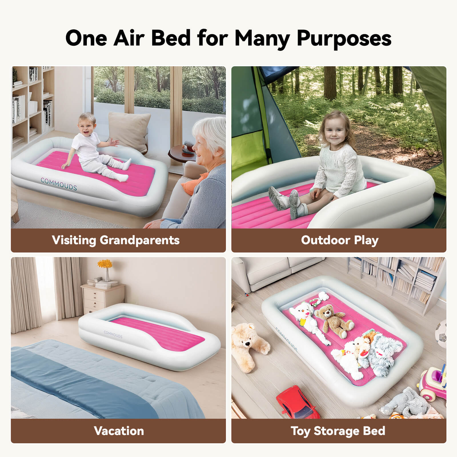 COMMOUDS Portable Toddler Travel Bed with Safety Bumpers, Inflatable Kids Air Mattress with Electric Pump, Baby Blow up Mattress, for Grandma's Home Camping Vacation