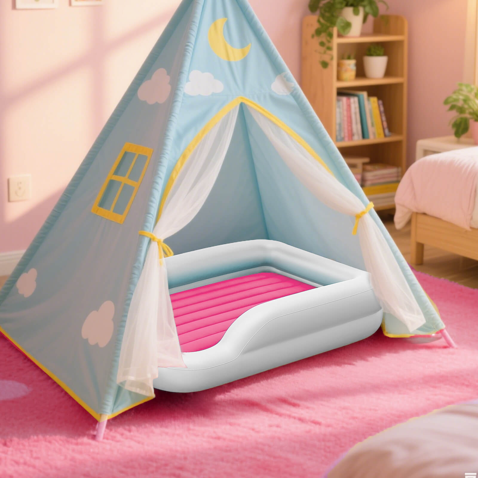 COMMOUDS Portable Toddler Travel Bed with Safety Bumpers, Inflatable Kids Air Mattress with Electric Pump, Baby Blow up Mattress, for Grandma's Home Camping Vacation