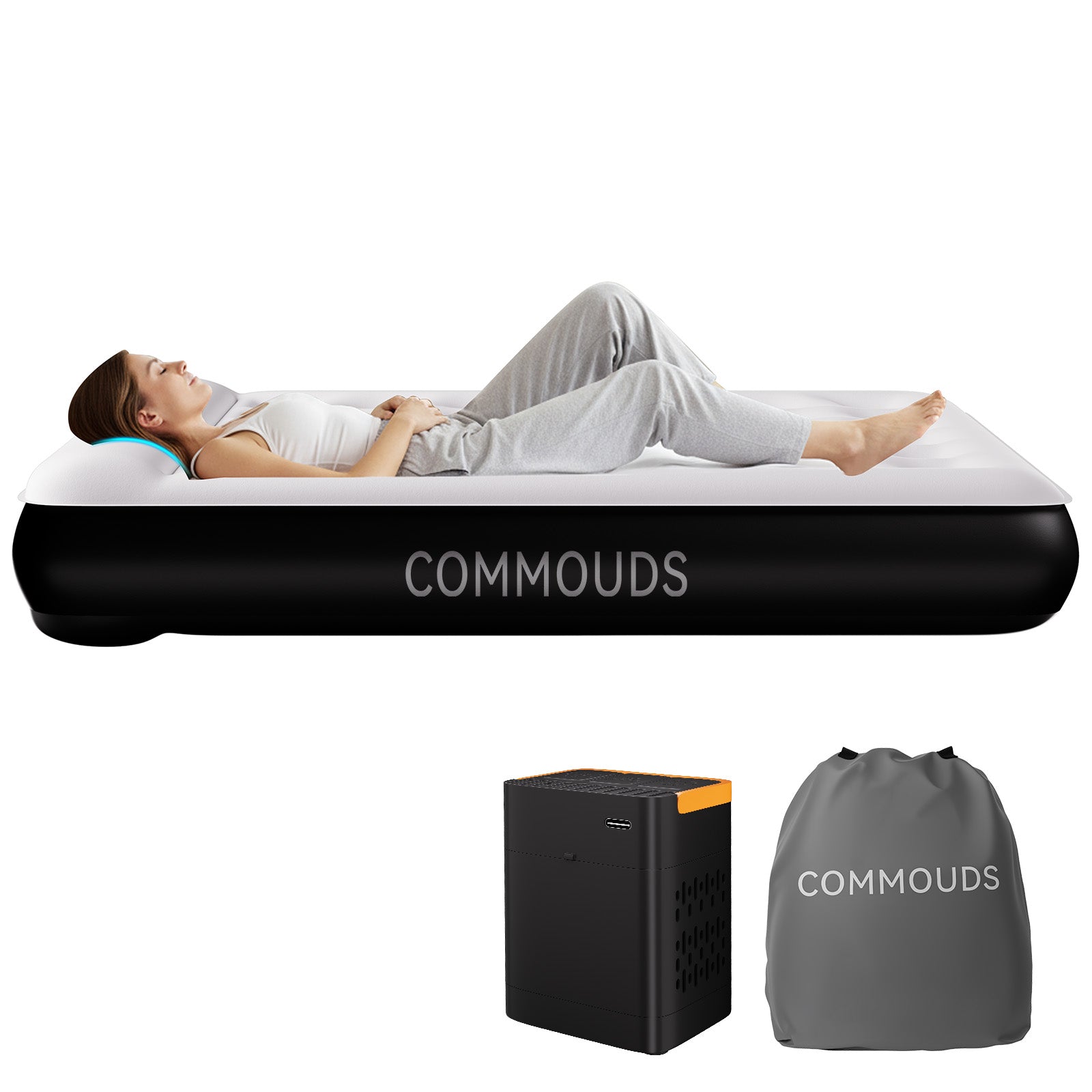 COMMOUDS Queen Air Mattress with Built-in USB Rechargeable Air Pump, 8" Raised Blow up Mattress with Built-in Pillow, Portable Inflatable Mattress, Air Bed for Camping, Travel, Home and Guest