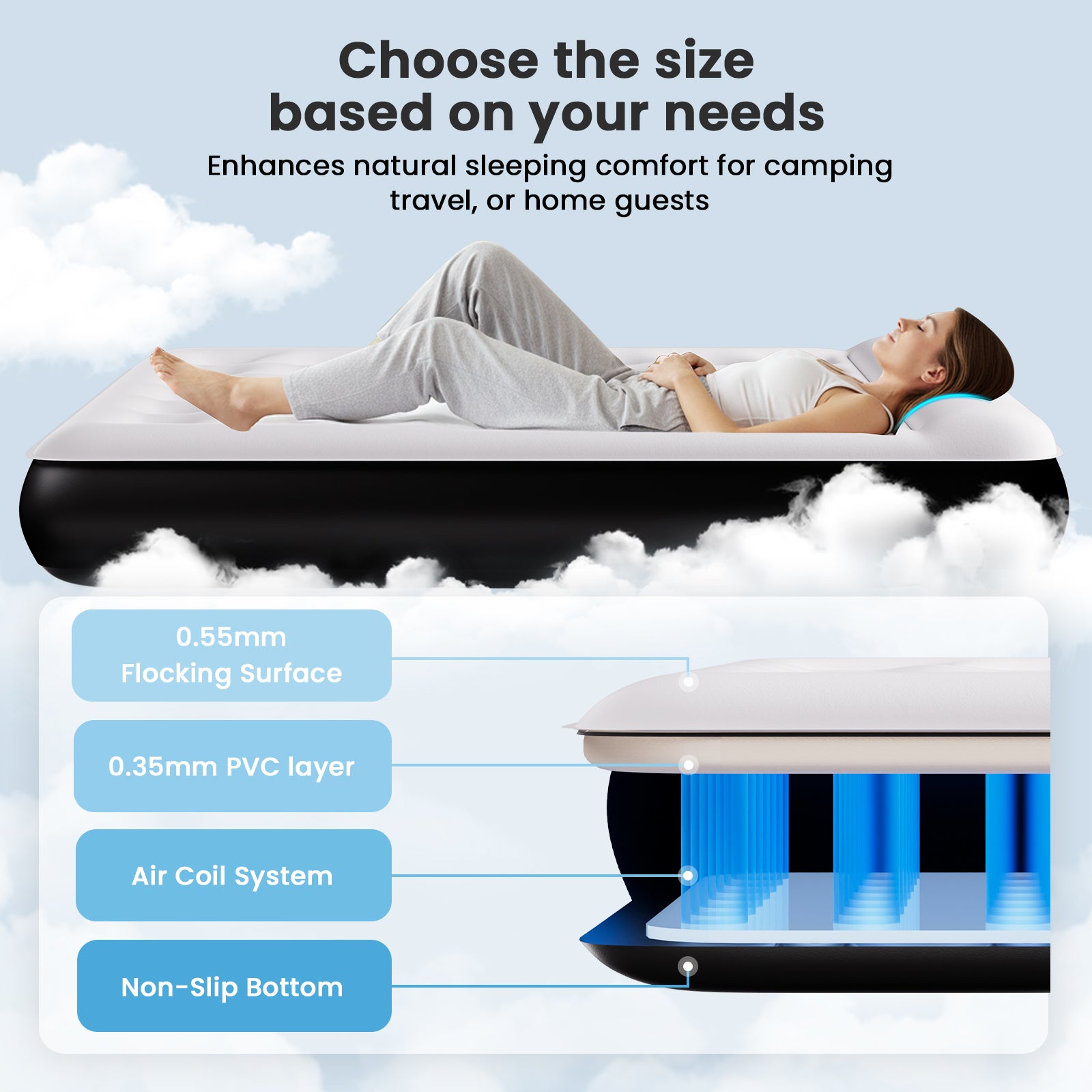 COMMOUDS Queen Air Mattress with Built-in USB Rechargeable Air Pump, 8" Raised Blow up Mattress with Built-in Pillow, Portable Inflatable Mattress, Air Bed for Camping, Travel, Home and Guest