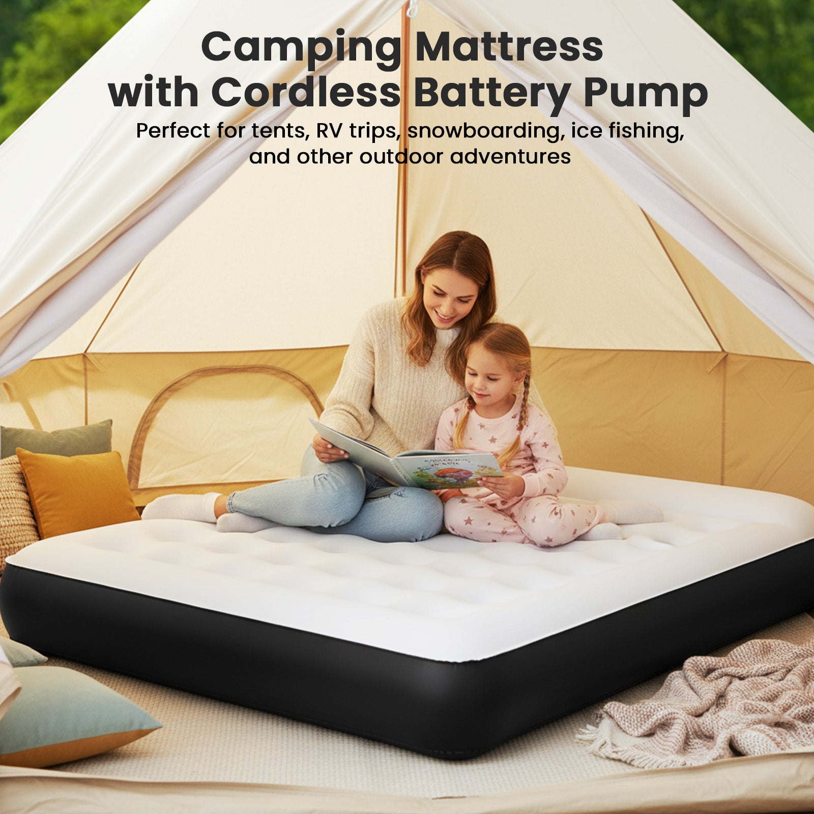 COMMOUDS Queen Air Mattress with Built-in USB Rechargeable Air Pump, 8" Raised Blow up Mattress with Built-in Pillow, Portable Inflatable Mattress, Air Bed for Camping, Travel, Home and Guest