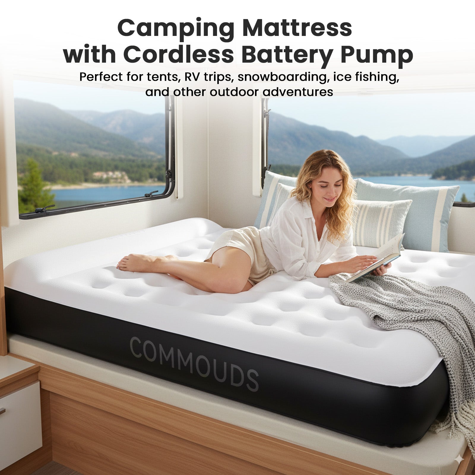COMMOUDS Queen Air Mattress with Built-in USB Rechargeable Air Pump, 8" Raised Blow up Mattress with Built-in Pillow, Portable Inflatable Mattress, Air Bed for Camping, Travel, Home and Guest