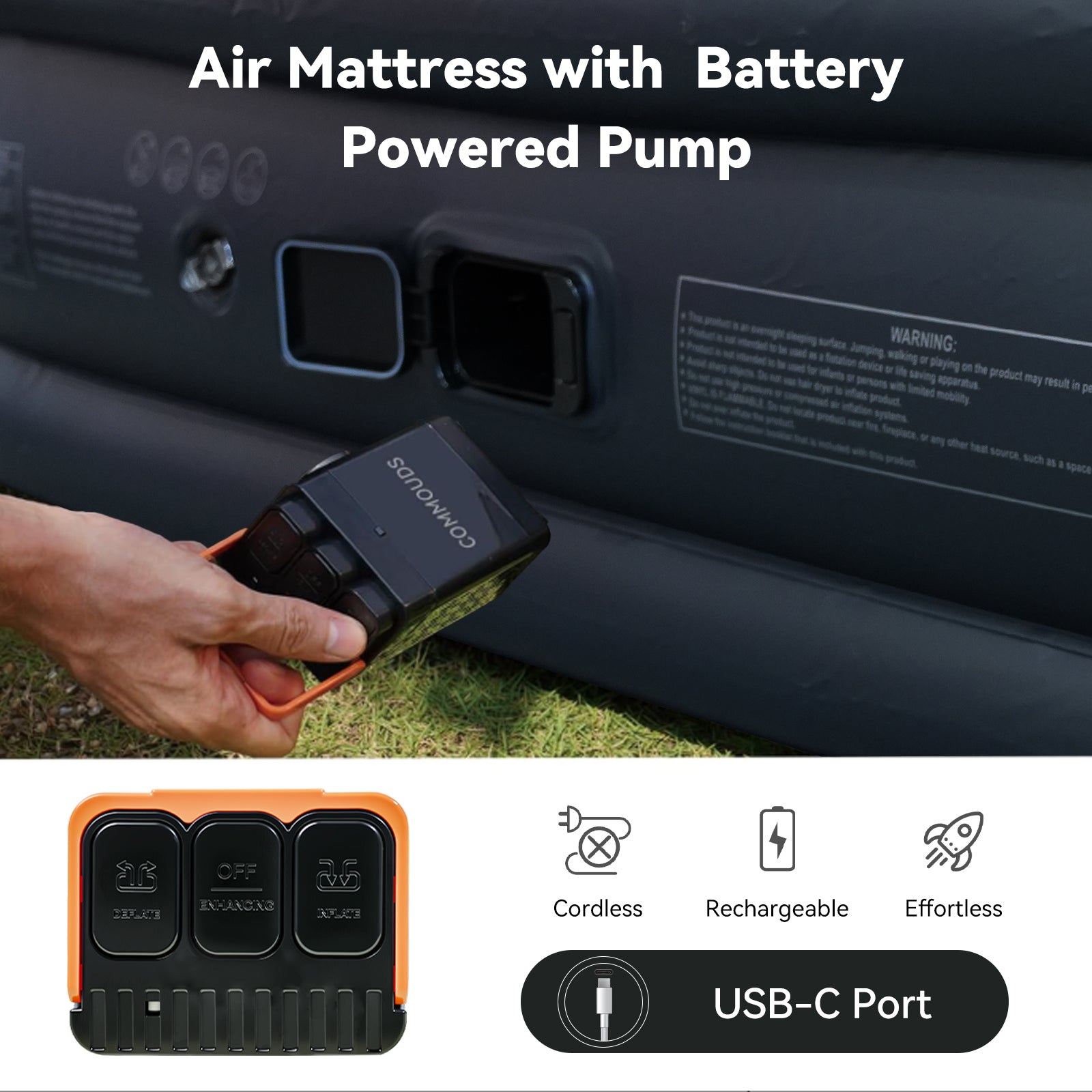 COMMOUDS Queen Air Mattress with Built-in USB Rechargeable Air Pump, 8" Raised Blow up Mattress with Built-in Pillow, Portable Inflatable Mattress, Air Bed for Camping, Travel, Home and Guest