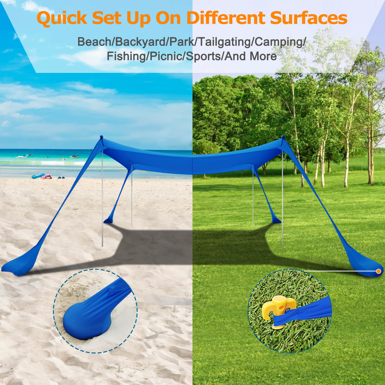 royal beach tent COMMOUDS Beach Tent Canopy with 4 Aluminum Poles UPF54+ Pop Up Beach Sun Shade Portable Beach Sun Shelter Easy Set Up for Beach