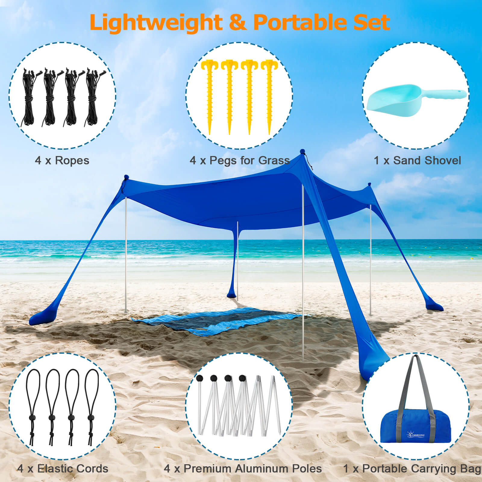 beach canopy tent COMMOUDS Beach Tent Canopy with 4 Aluminum Poles UPF54+ Pop Up Beach Sun Shade Portable Beach Sun Shelter Easy Set Up for Beach