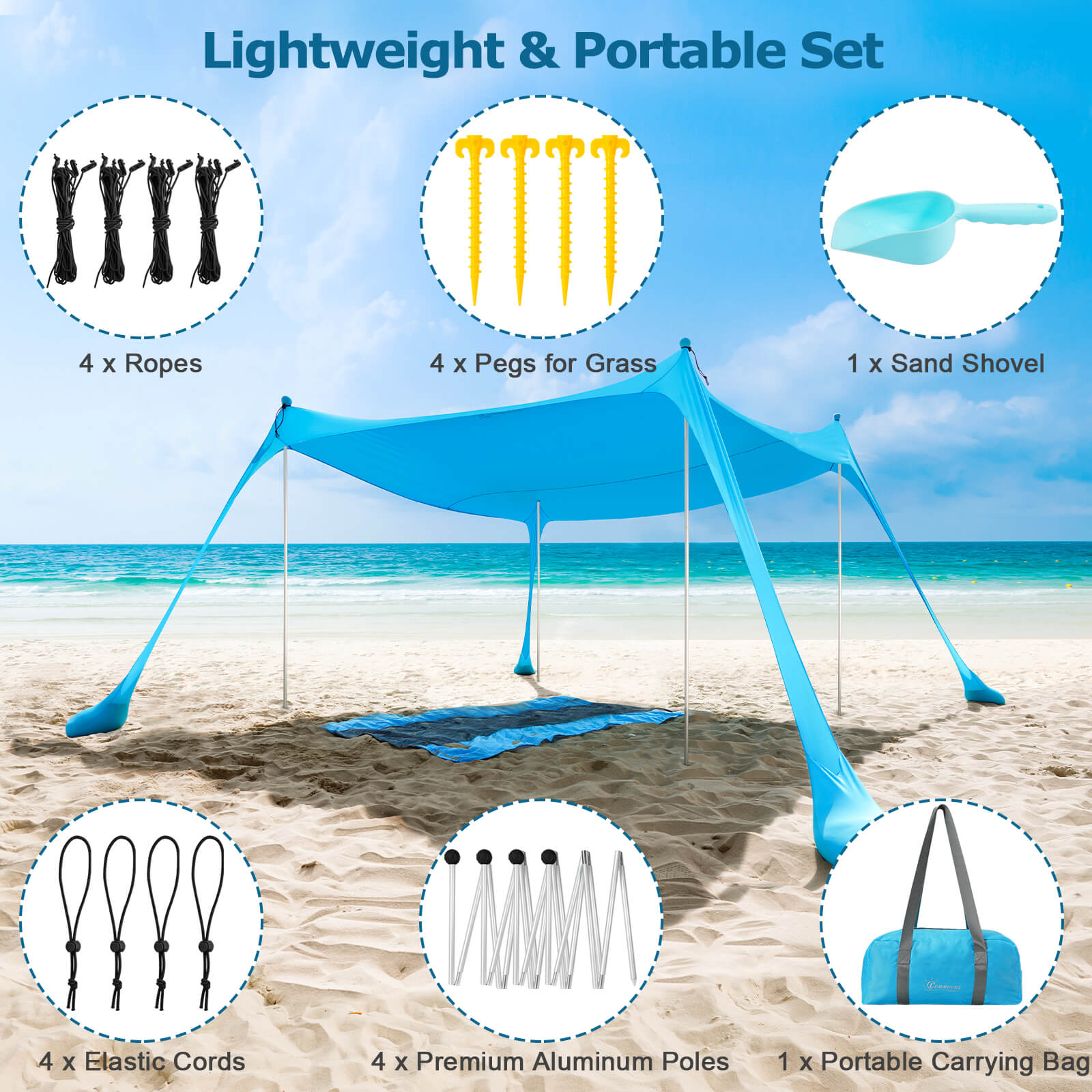 Commouds Portable UPF 50+ Beach Canopy [Sky Blue]