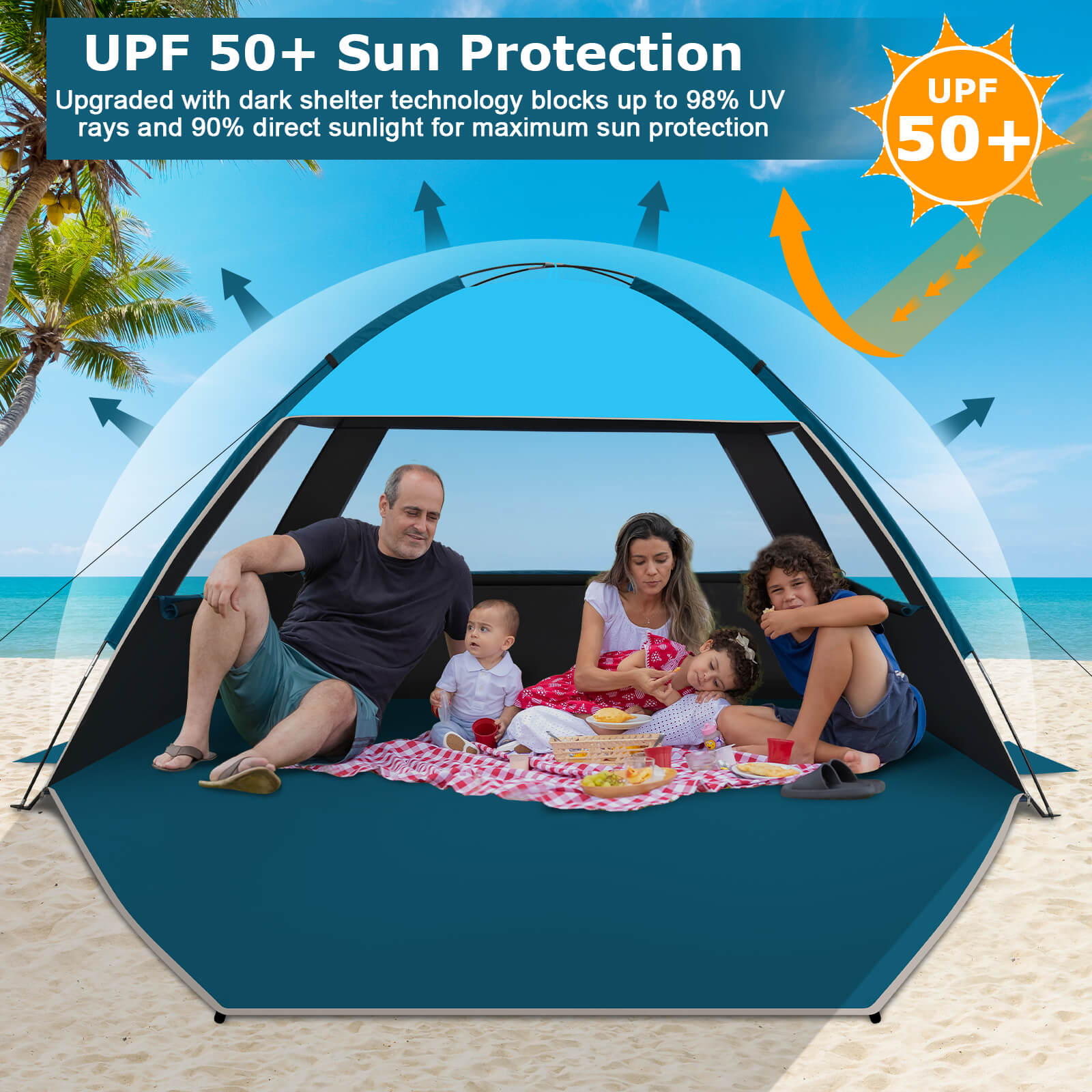uv tent Commouds Portable UPF 100+Beach Tent with Dark Shelter Technology [Sky