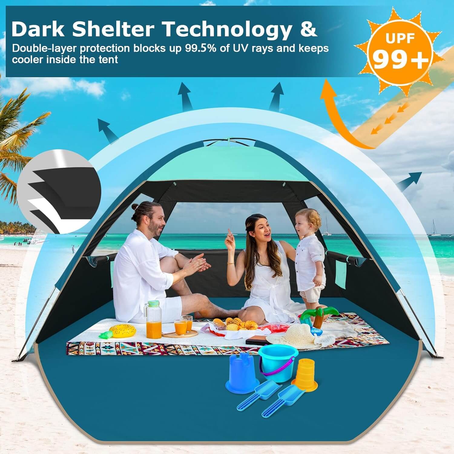 qomolo beach tent Commouds Portable UPF 100+ Beach Tent with Dark Shelter Technology [Tu