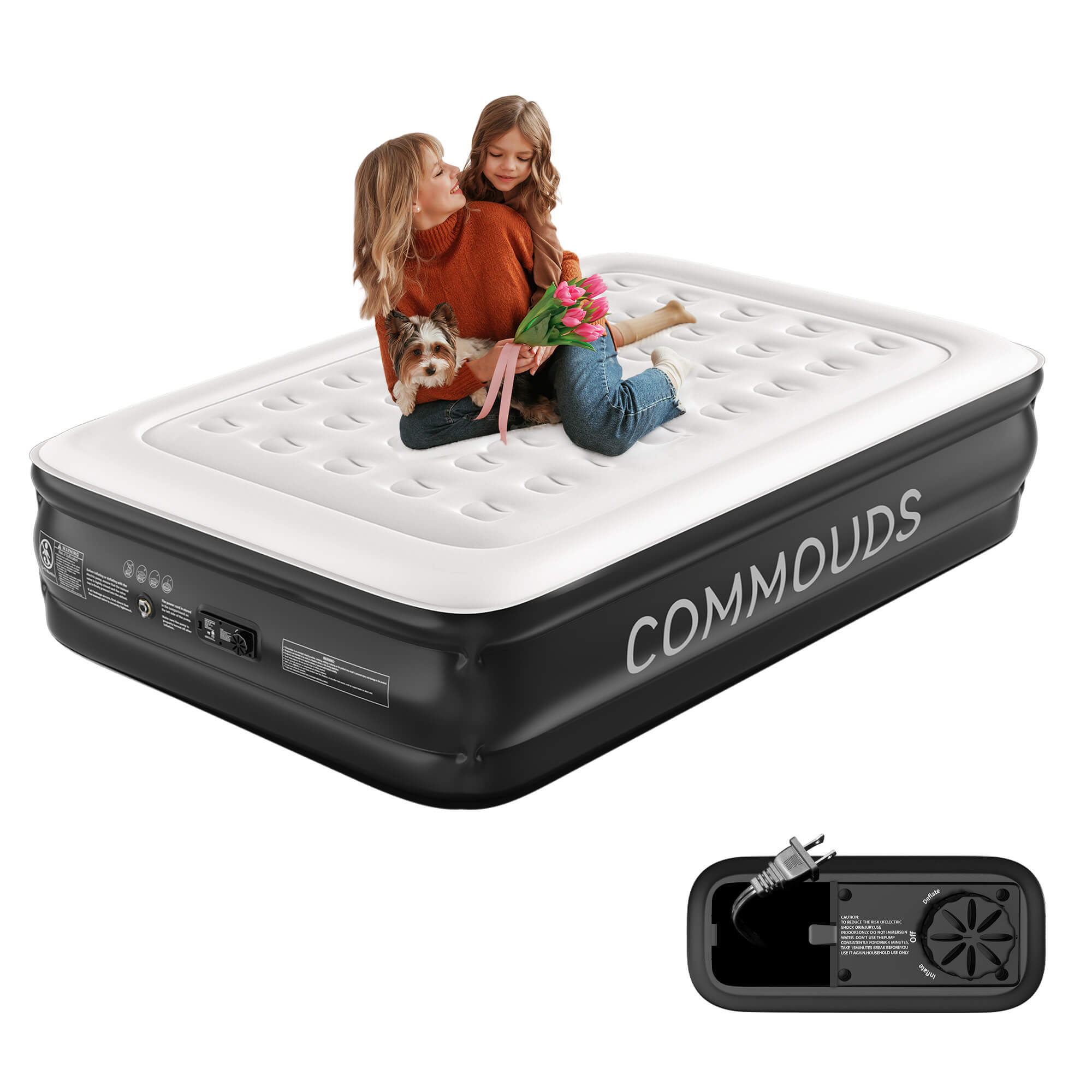 COMMOUDS Air Mattress with Built-in Pump, Raised Inflatable Bed with Waterproof Flocked Top for Guests, Camping & Travel