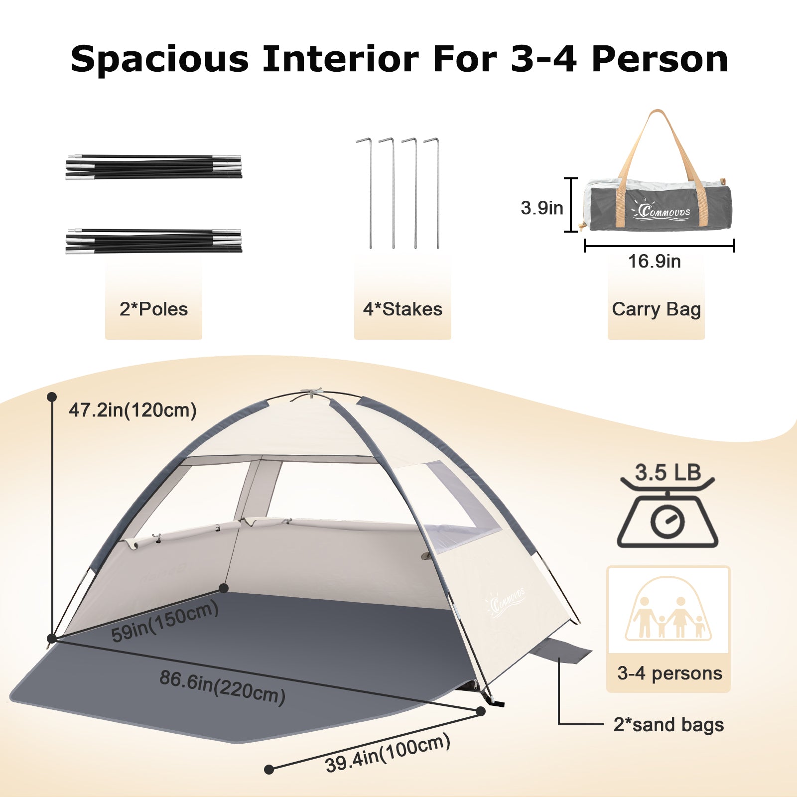 Commouds Portable UPF 50+ Beach Tent [Creamy Gray]