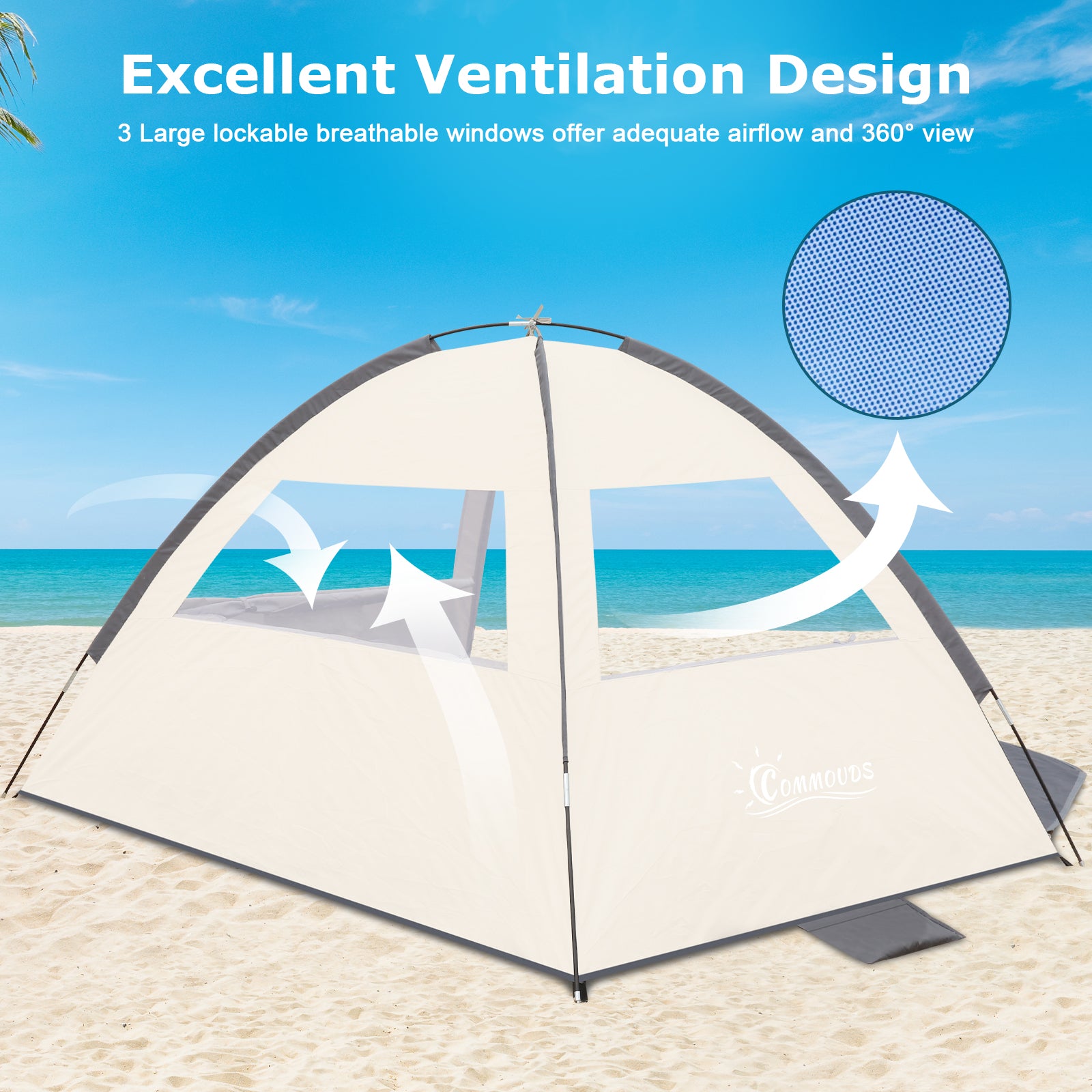 lockable tent Commouds Beach Tent for 1-3 People, UPF 50+ Sun Protection, Lightweight Portable Canopy Shade Tent, Easy Setup, Creamy Gray, Size: 3 Person