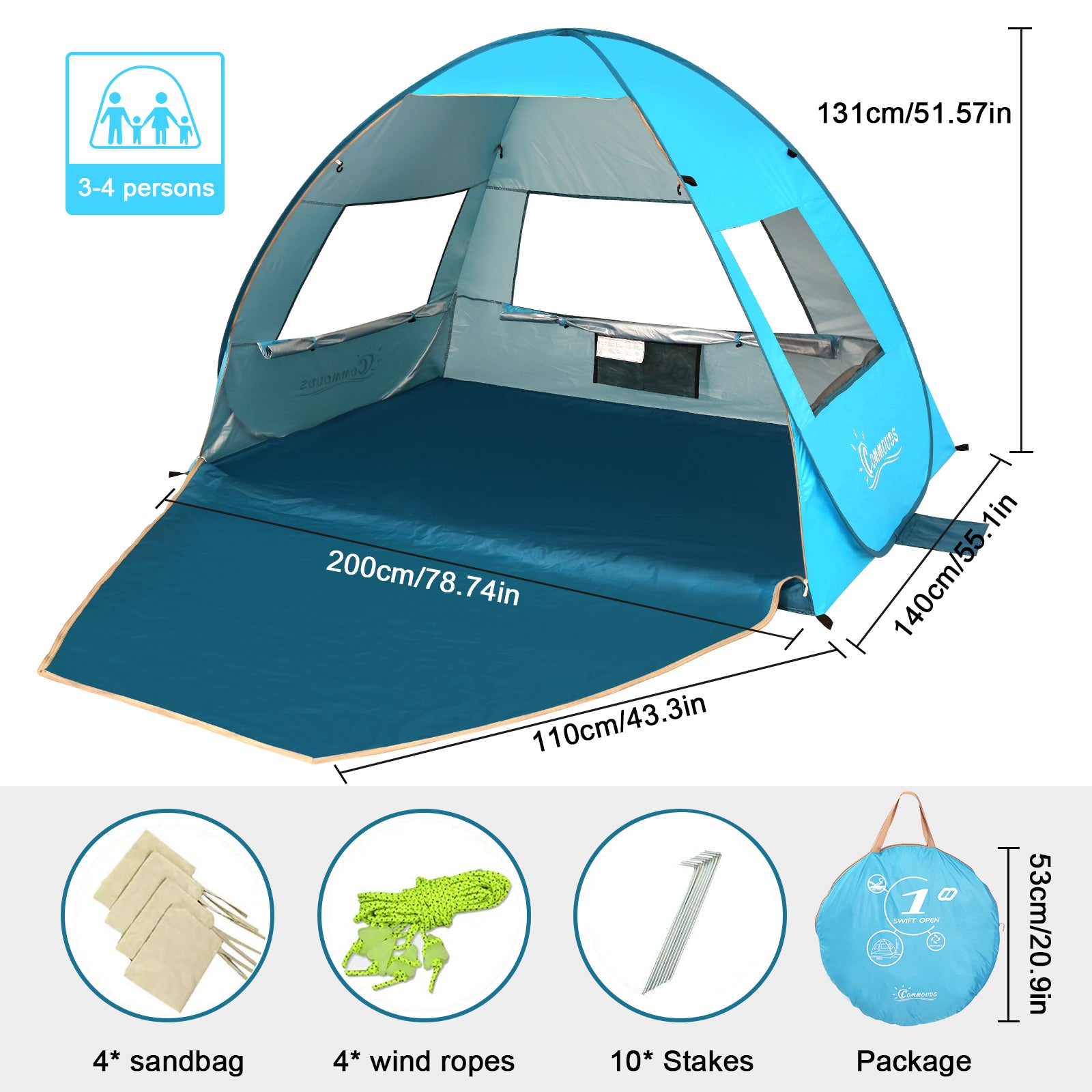 Large Pop Up Beach Tent for 3-4 Person, Anti-UV Beach Shelter