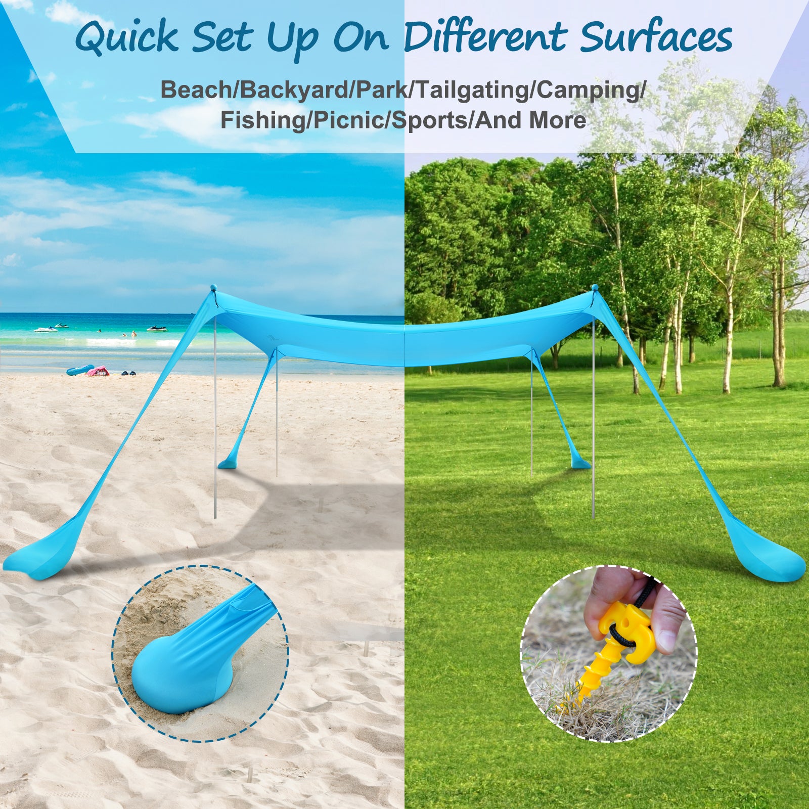 COMMOUDS Beach Tent Canopy with Sandbag & 4 Poles UPF50+ Portable Beach Sunshade