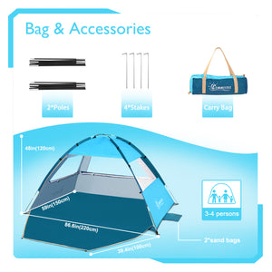 COMMOUDS Beach Tent Sun Shelter for 3-4 Person, UPF 50+ Beach Sun Shade Canopy, Portable, Easy Set-Up